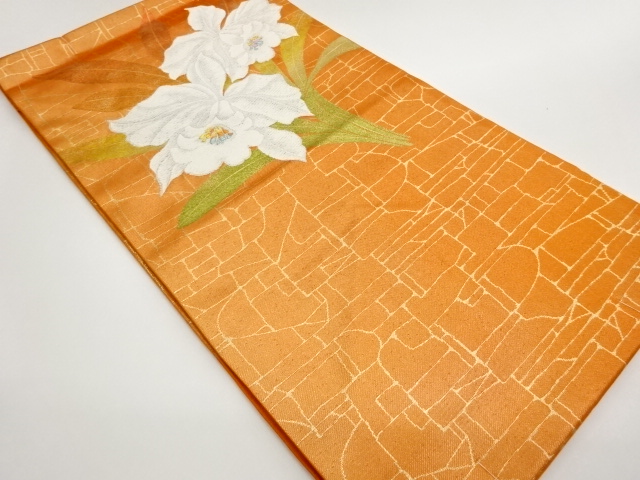 JAPANESE KIMONO / UNUSED NAGOYA OBI / SILK / WOVEN FLORAL PLANTS & GEOMETRIC PATTERN